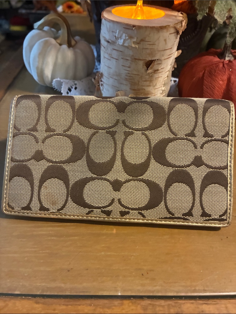 Designer-Style Beige and Brown Signature Pattern Wallet